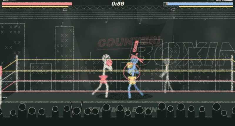 Chalk boxing ring with two stick-figure boxers trading punches and a COUNTER! callout