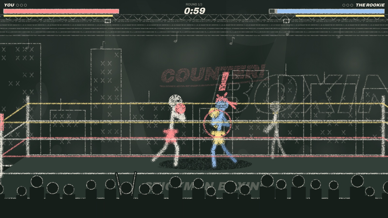 Chalk boxing ring with two stick-figure boxers trading punches and a COUNTER! callout