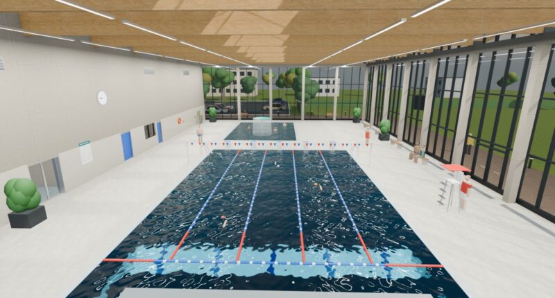 Rendered indoor swimming pool seen from the diving board, with lane ropes, a lifeguard chair and a glass facade